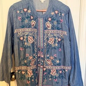 NWT J. Jill Floral Embroidered Open Front Lightweight Chambray Jacket 2XL